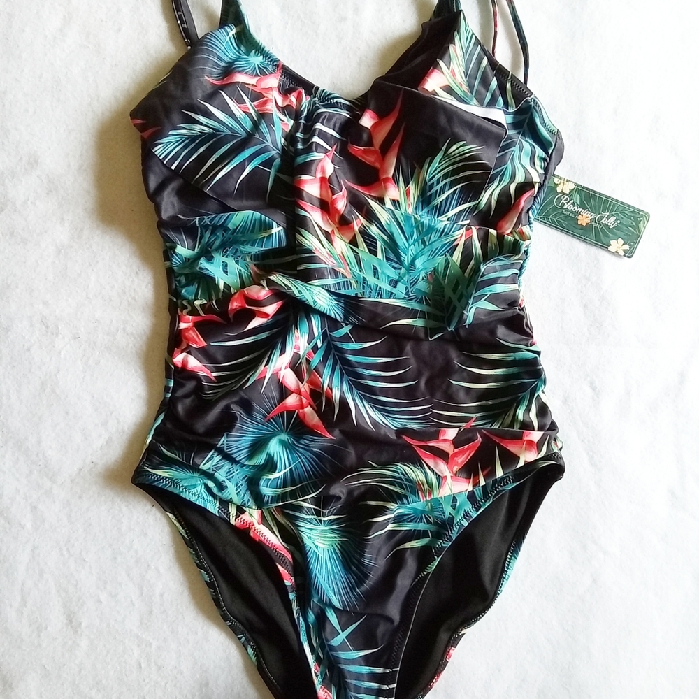 Blooming Jelly women's One Piece ruffle Tropical print Swimsuit